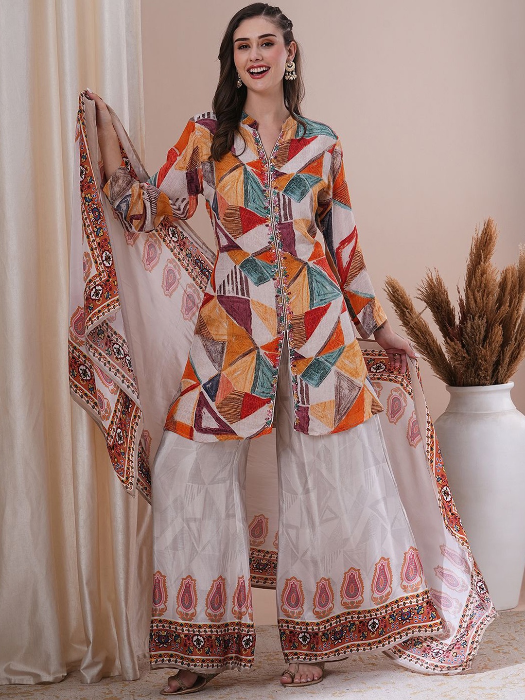 

FASHOR Women Printed Regular Beads and Stones Silk Crepe Kurta with Palazzos & With Dupatta, White