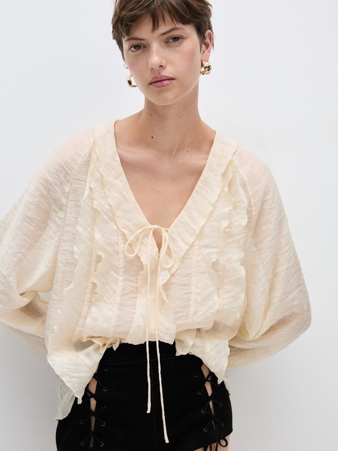 

MANGO Tie Up Ruffles Top, Beige