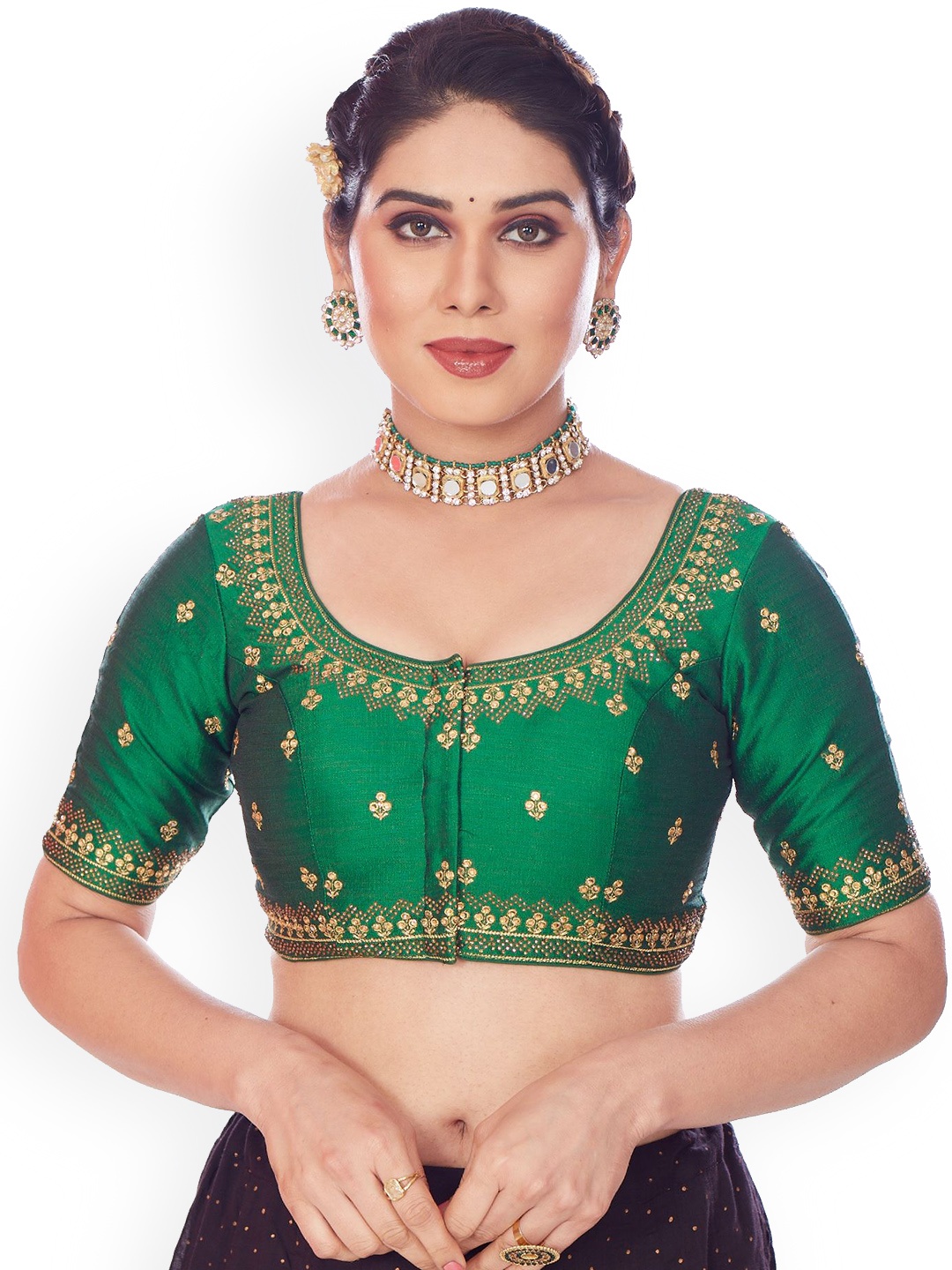 

Mmore Embroidered Padded Saree Blouse, Green