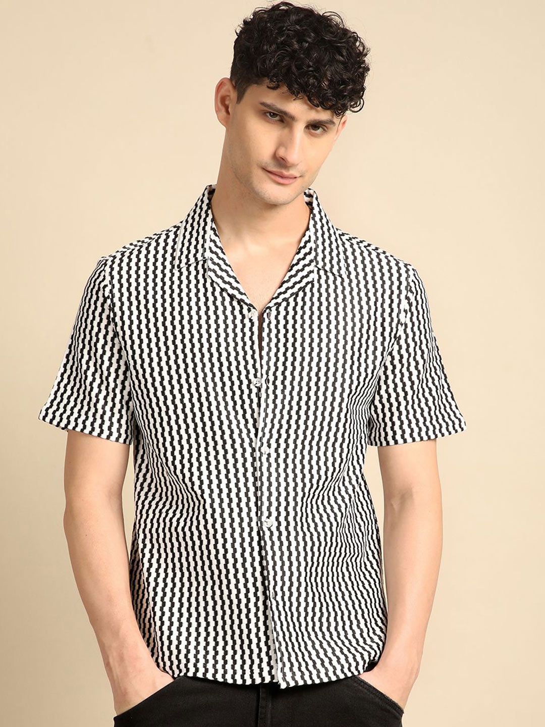 

Voroxy Men Smart Cuban Collar Textured Casual Shirt, Black