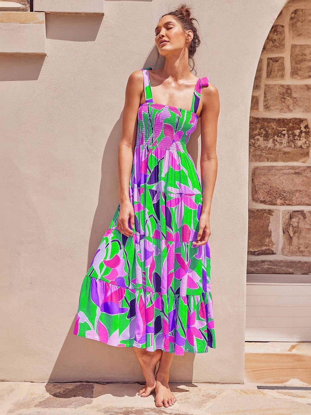 

KPOP Women Floral Printed A-Line Maxi Dress, Green