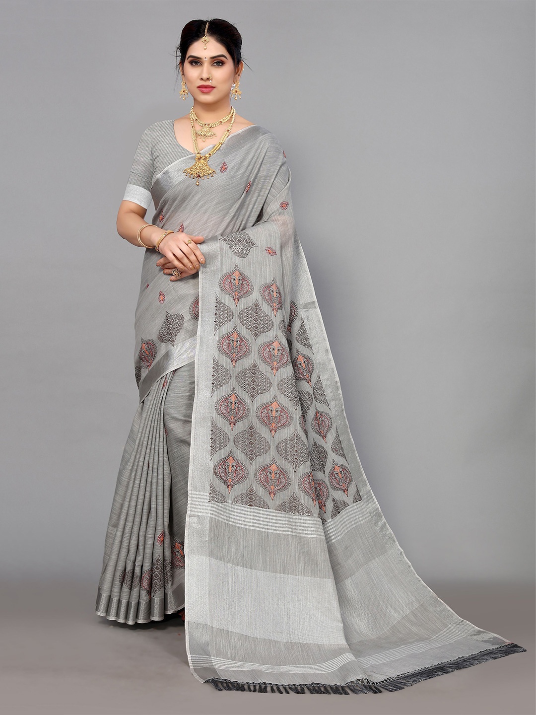 

VIRICA Paisley Embroidered Saree, Grey