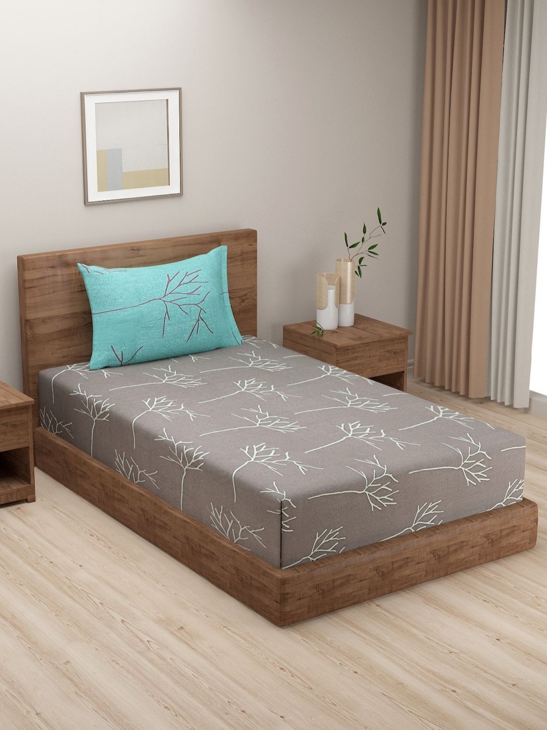 

SWAYAM Grey & Blue 210 TC Queen Bedsheet with 1 Pillow Covers