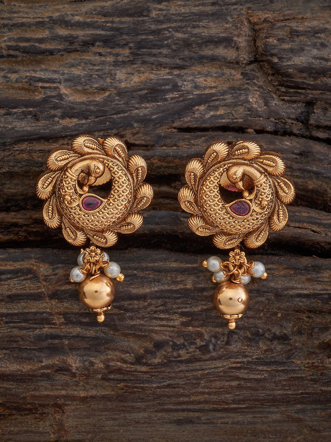 

Kushal's Fashion Jewellery Gold-Plated Peacock Shaped Beaded Antique Drop Earrings