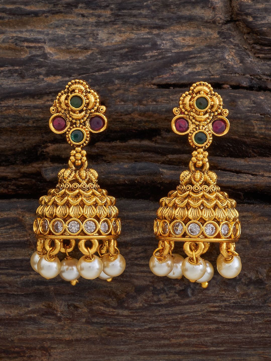 

Kushal's Fashion Jewellery Gold Plated Cubic Zirconia Dome Shaped Antique Jhumkas