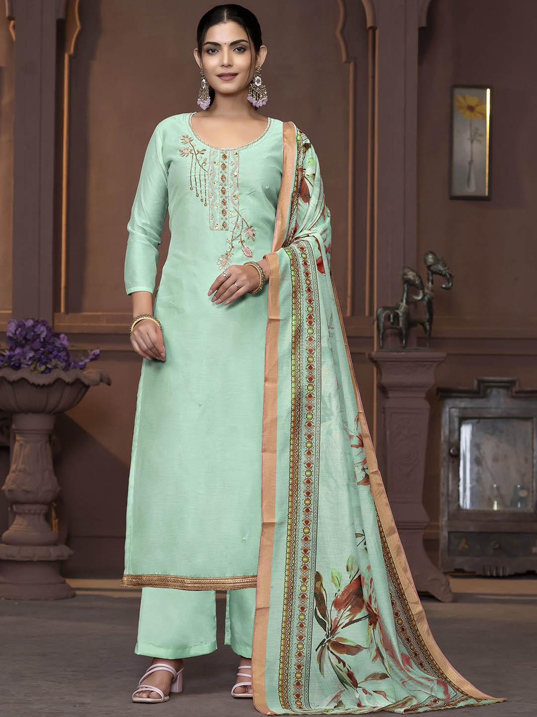 

Maroosh Floral Embellished Beads and Stones Unstitched Dress Material, Sea green