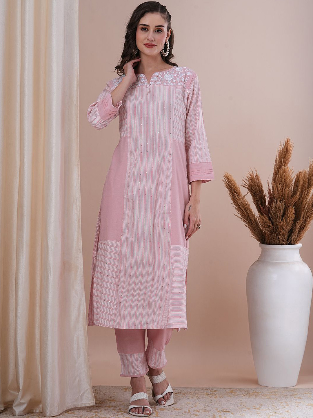 

FASHOR Women Printed Regular Sequinned Pure Cotton Kurta with Trousers, Pink