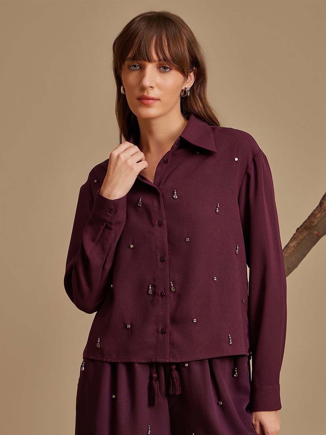 

Kazo Women Relaxed Spread Collar Solid Casual Shirt, Maroon