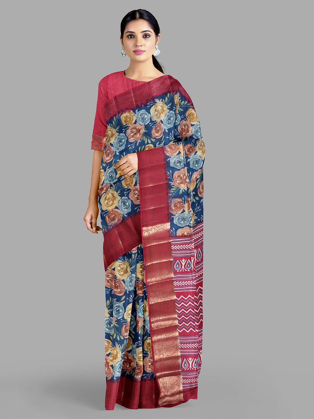 

The Chennai Silks Floral Printed Woven Design Zari Saree, Navy blue