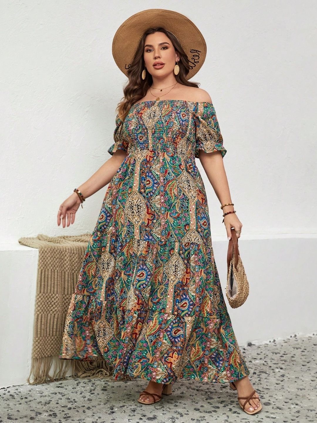 

KPOP Ethnic Motifs Print Off-Shoulder A-Line Maxi Dress, Beige