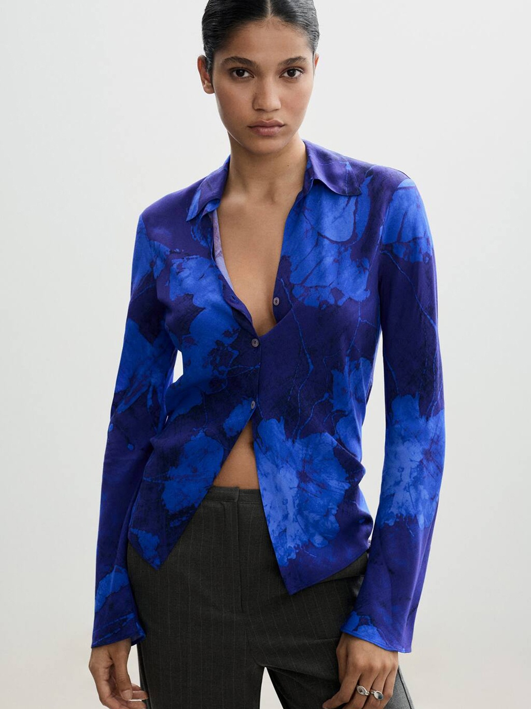 

MANGO Floral Print Shirt Style Top, Blue