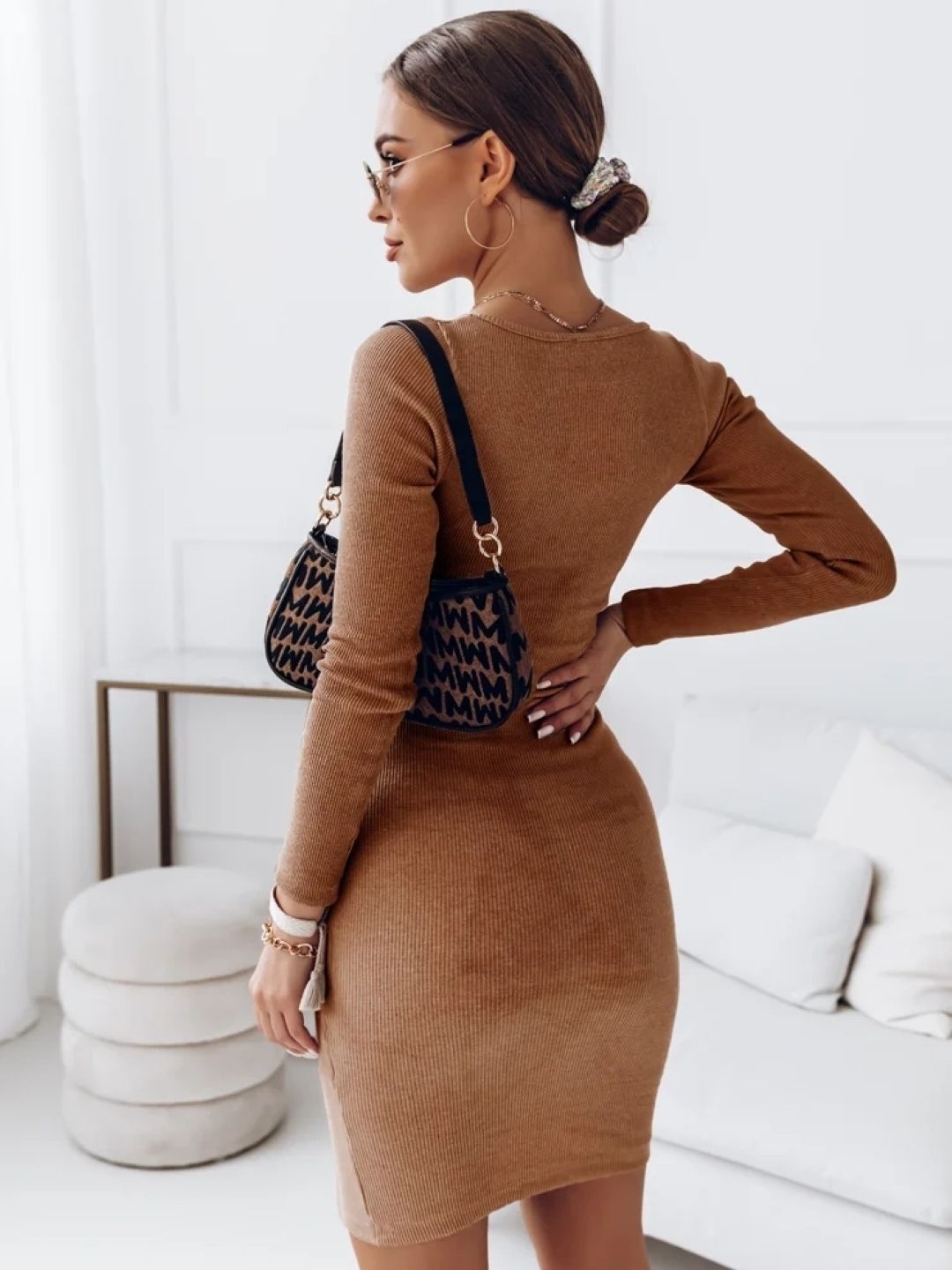 

KPOP Bodycon Polyester Above Knee Dress, Brown