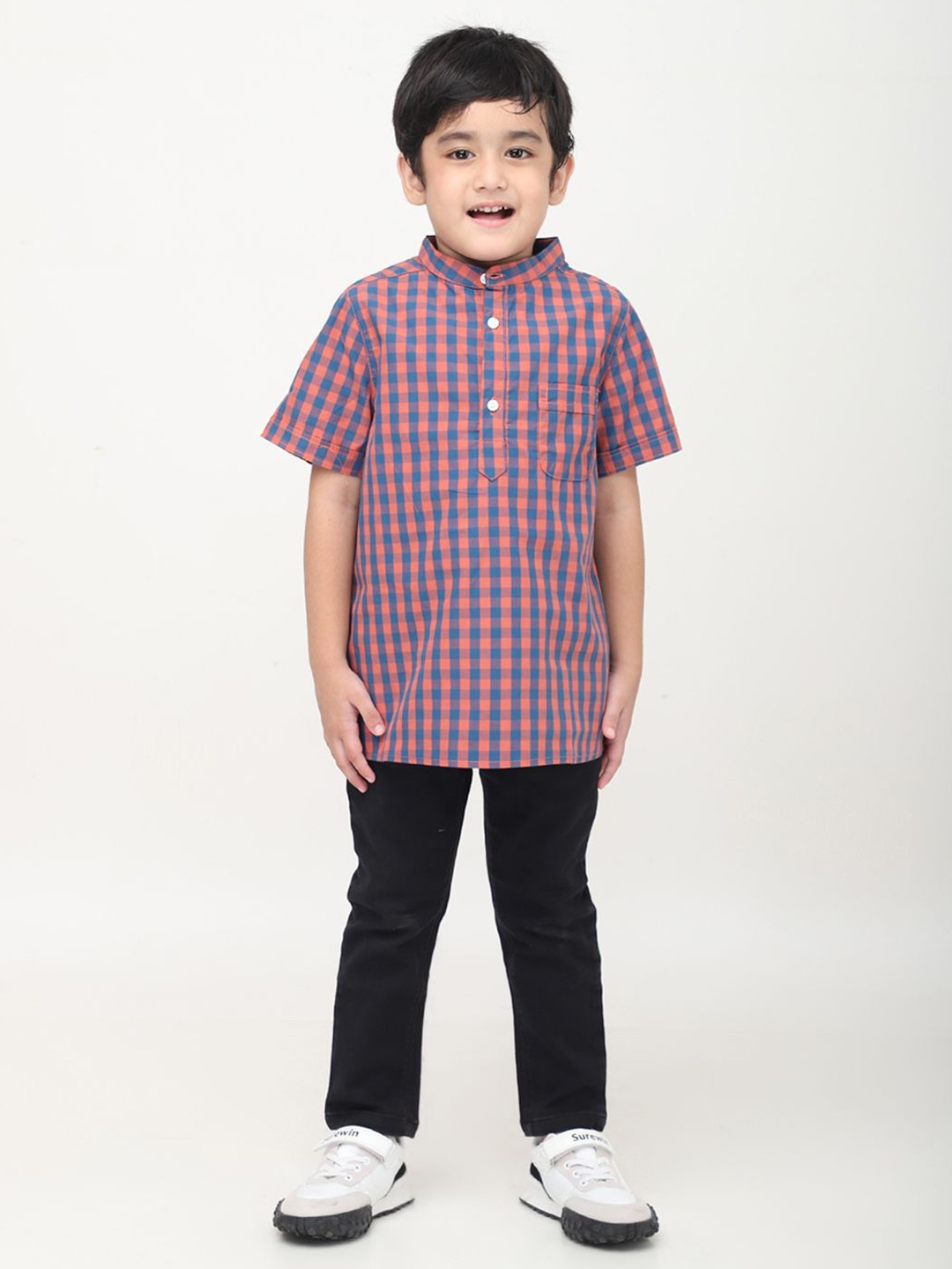 

Biglilpeople Boys Standard Mandarin Collar Checked Cotton Casual Shirt, Blue