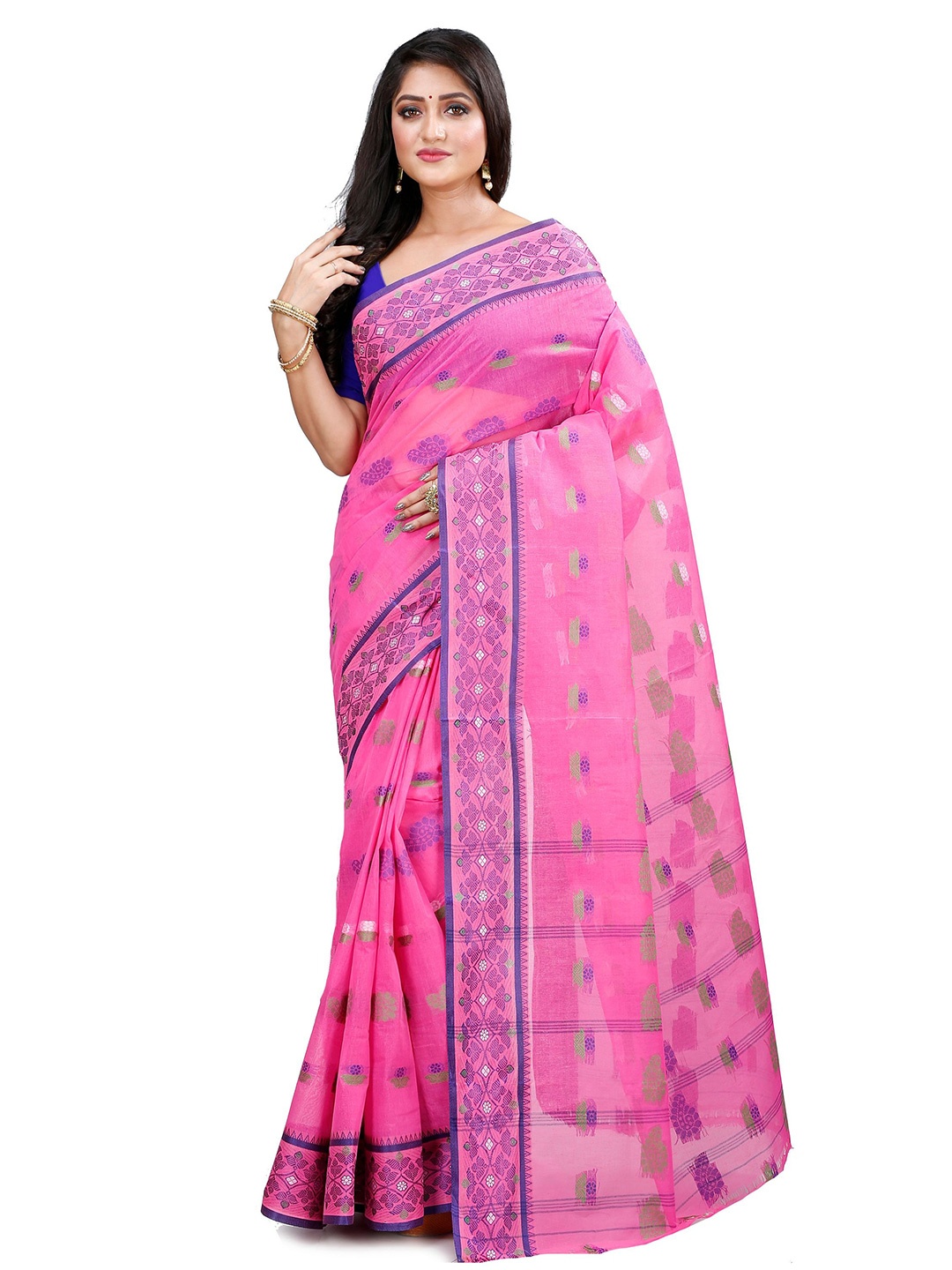 

DipDiya Woven Design Zari Pure Cotton Taant Saree, Pink