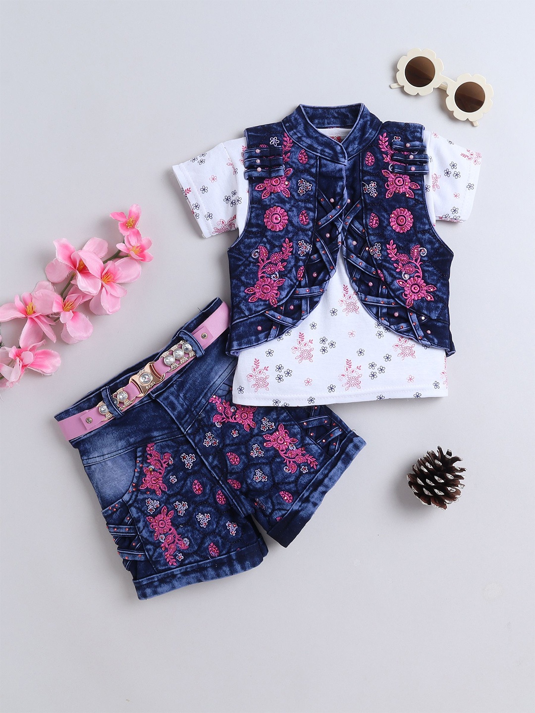 

BAESD Girls Floral Printed T-shirt And Shorts With Jacket, Pink