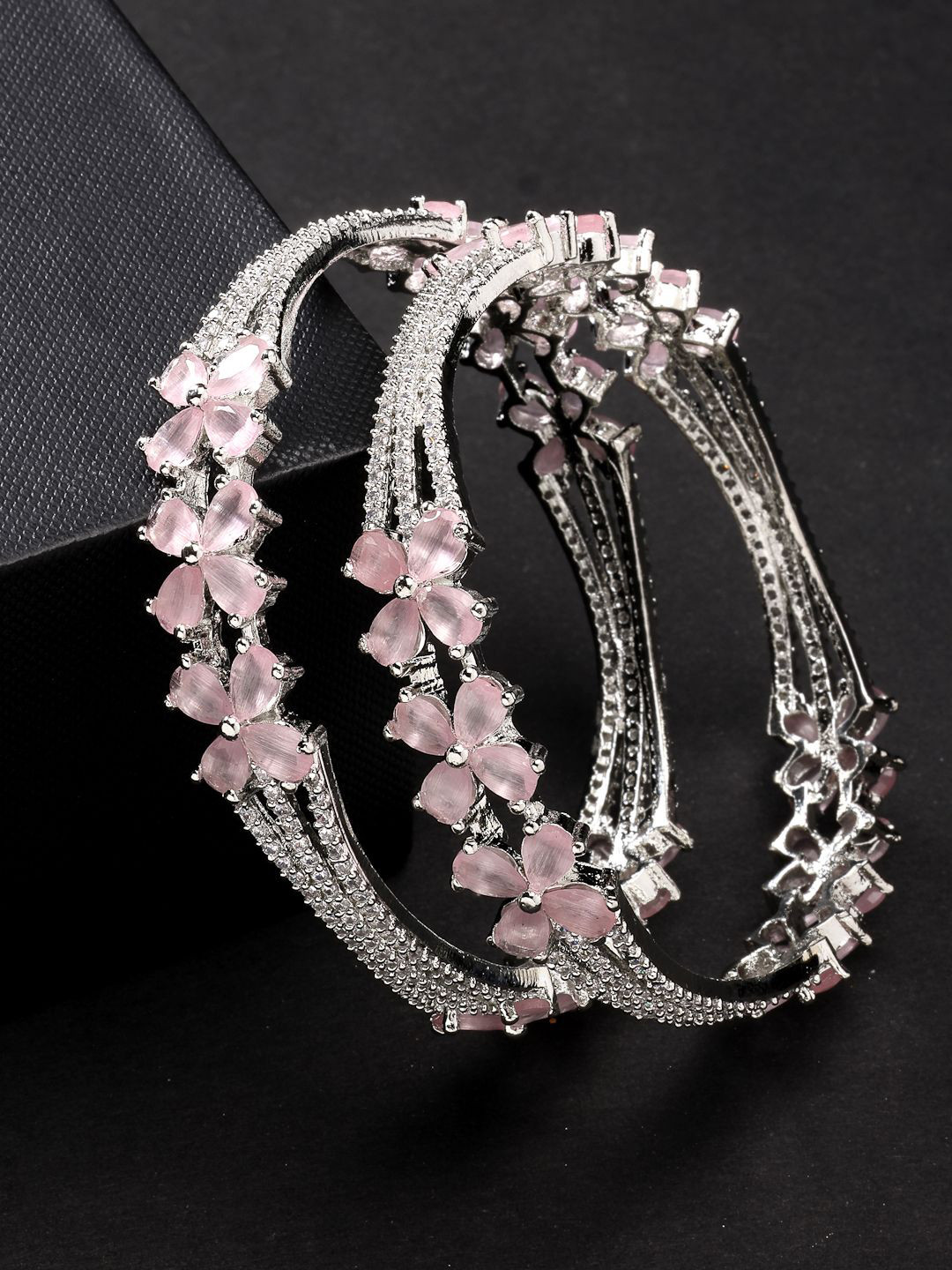 

NVR Set Of 2 Silver Plated American Diamond Stone Studded Bangles