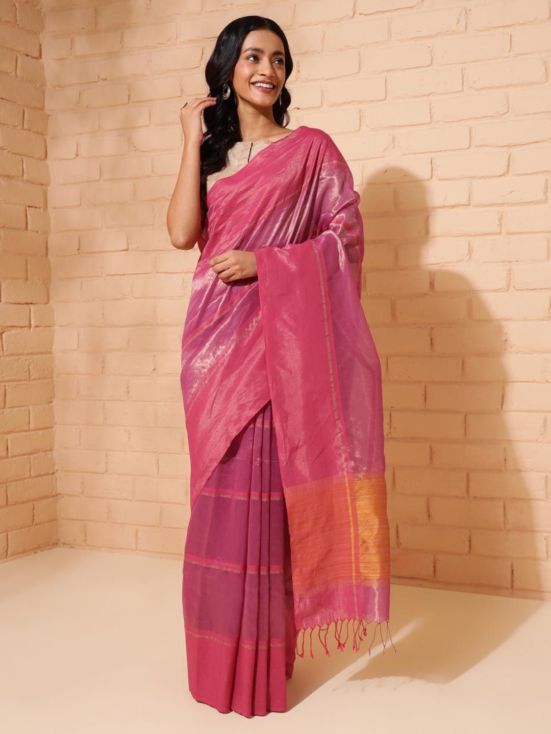 

Fabindia Woven Design Zari Silk Cotton Saree, Pink