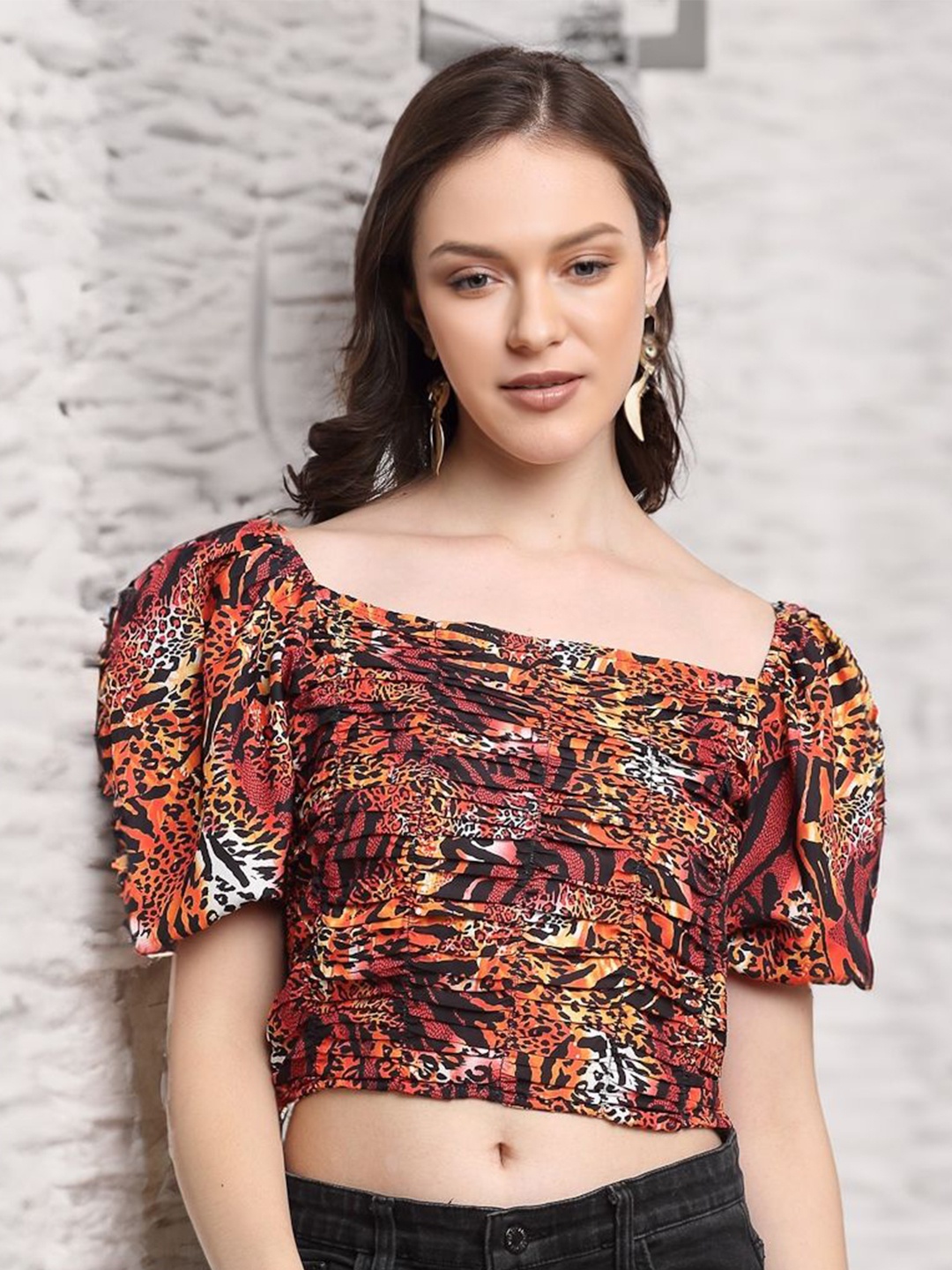 

KPOP Women Floral Printed Square Neck Top, Orange