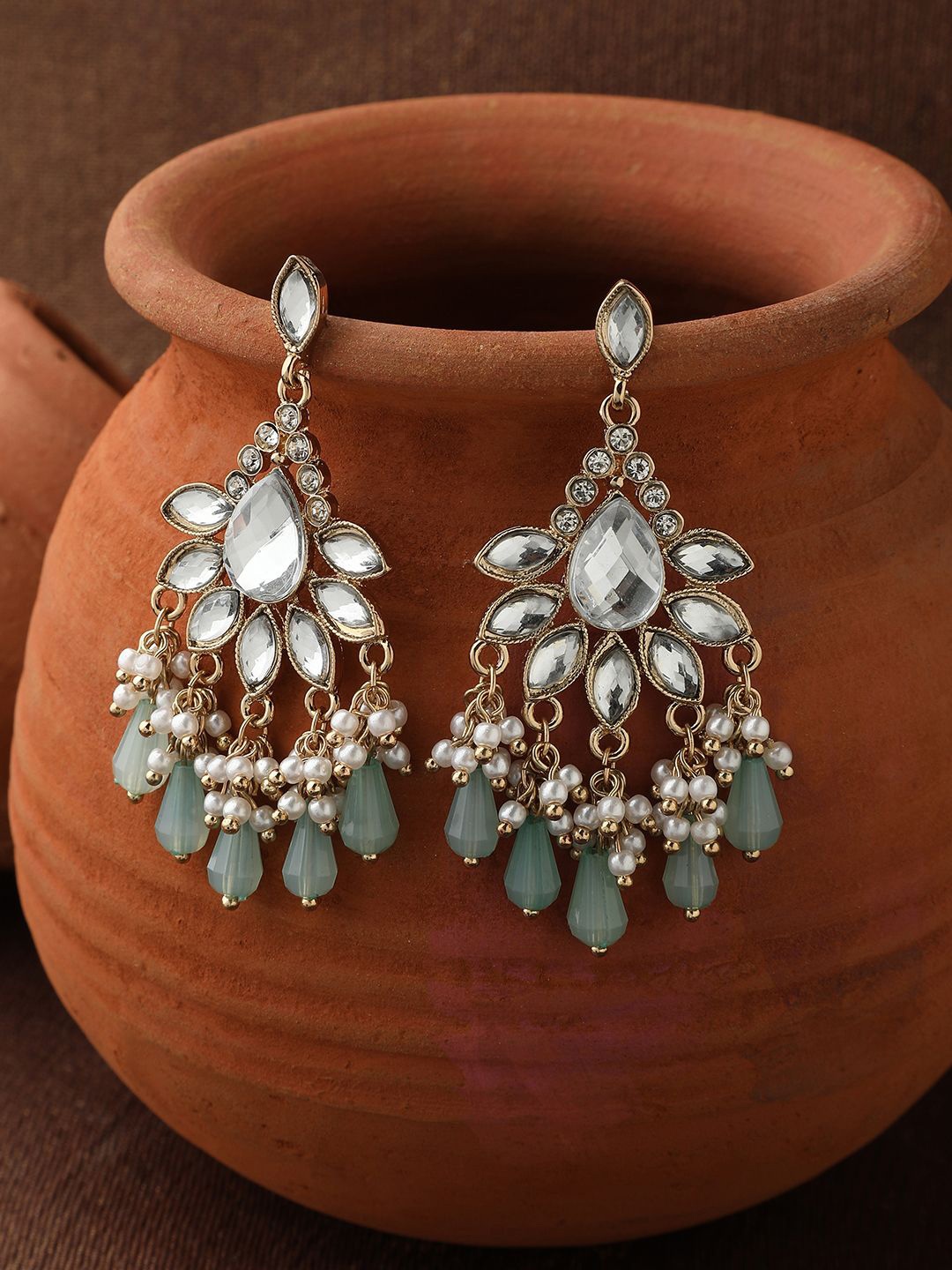 

Kalakrith Milano Geometric Kundan Stone Studded & Beaded Drop Earrings, Gold