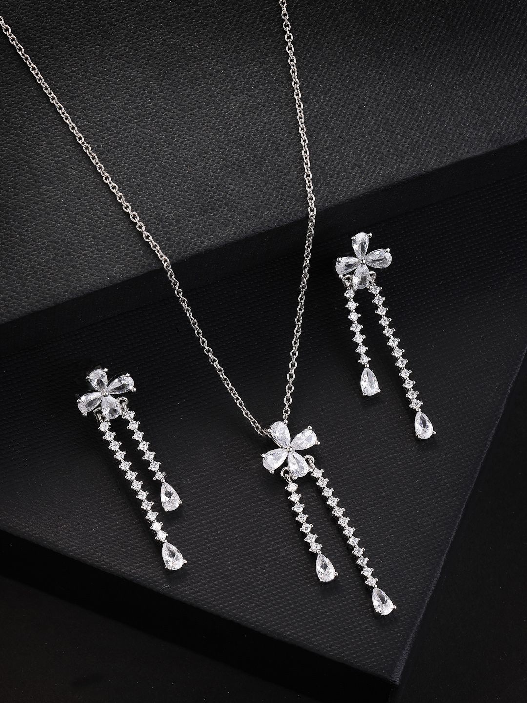

PANASH 925 Sterling Silver Rhodium-Plated Cubic Zirconia-Studded Jewellery Set