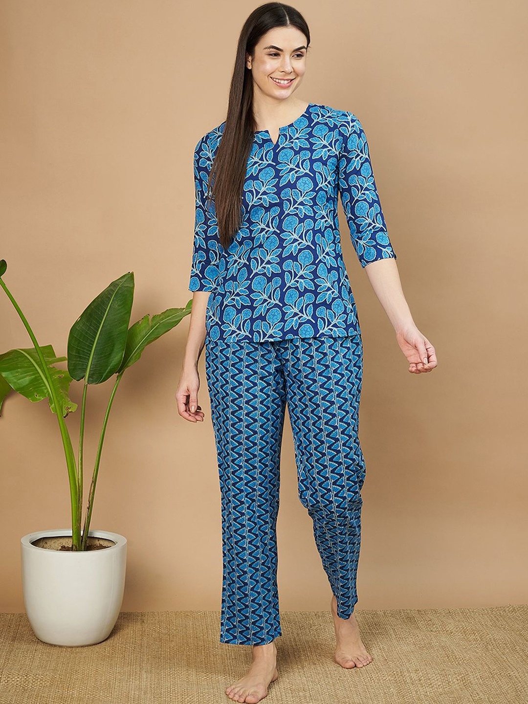 

ETC Women Pure Cotton Printed Night Suit, Blue