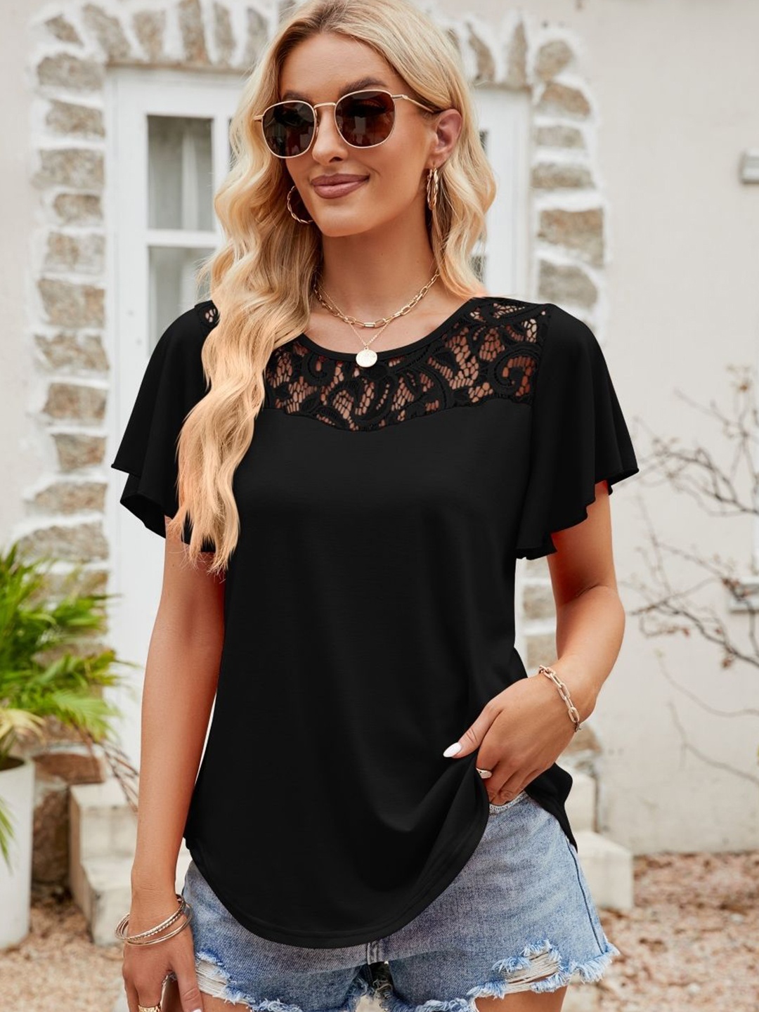 

KPOP Women Solid Round Neck Top, Black