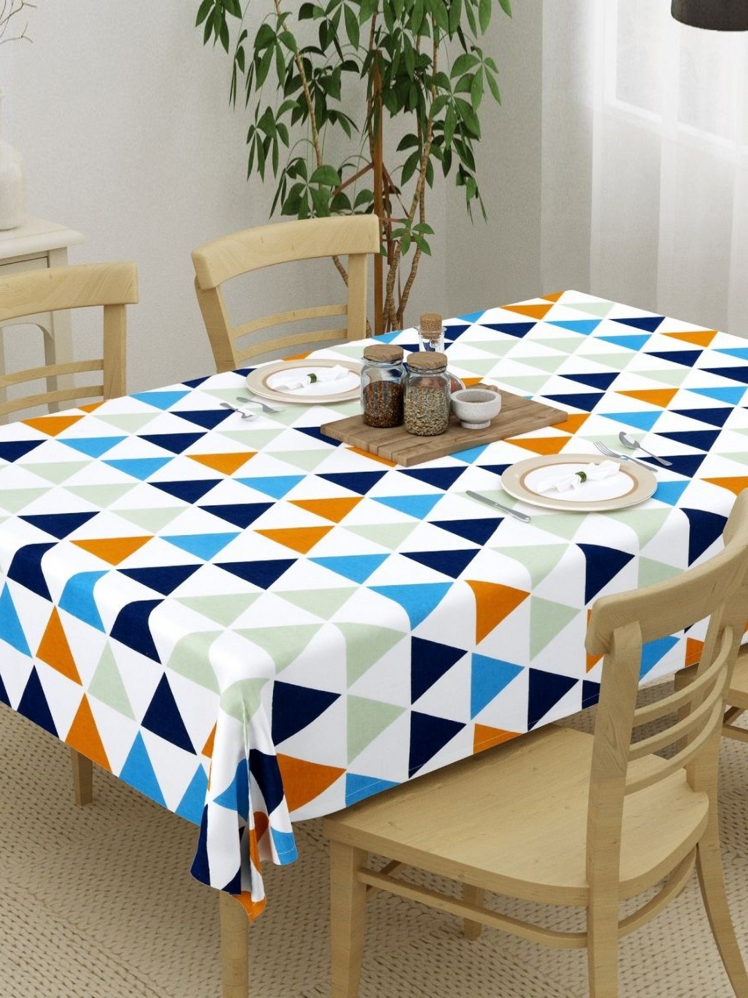 

HOMEMONDE White Geometric Printed Cotton 6-Seater Table Cover