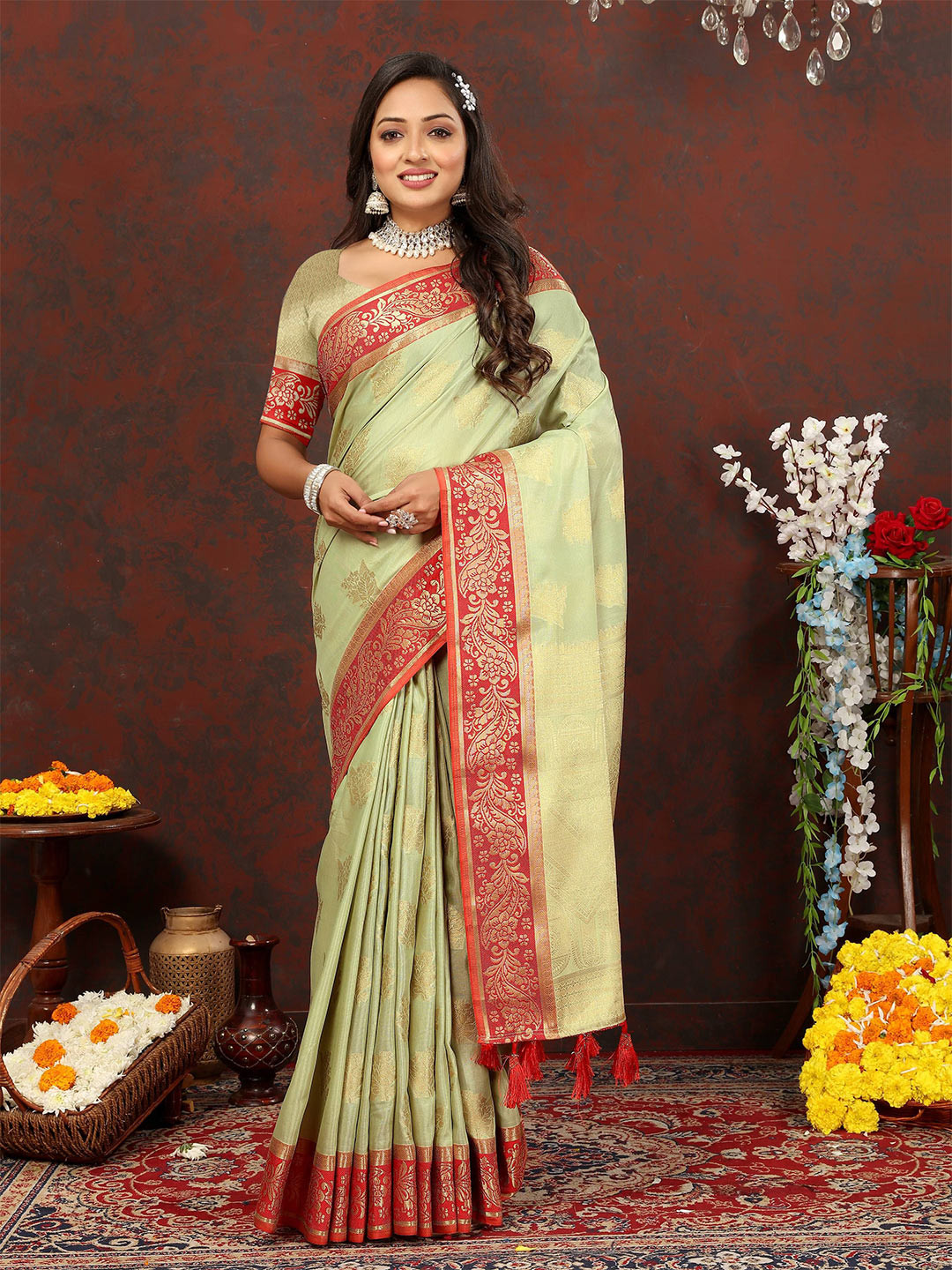 

Zeekha Ethnic Motifs Woven Design Zari Pure Silk Kanjeevaram Saree, Lime green