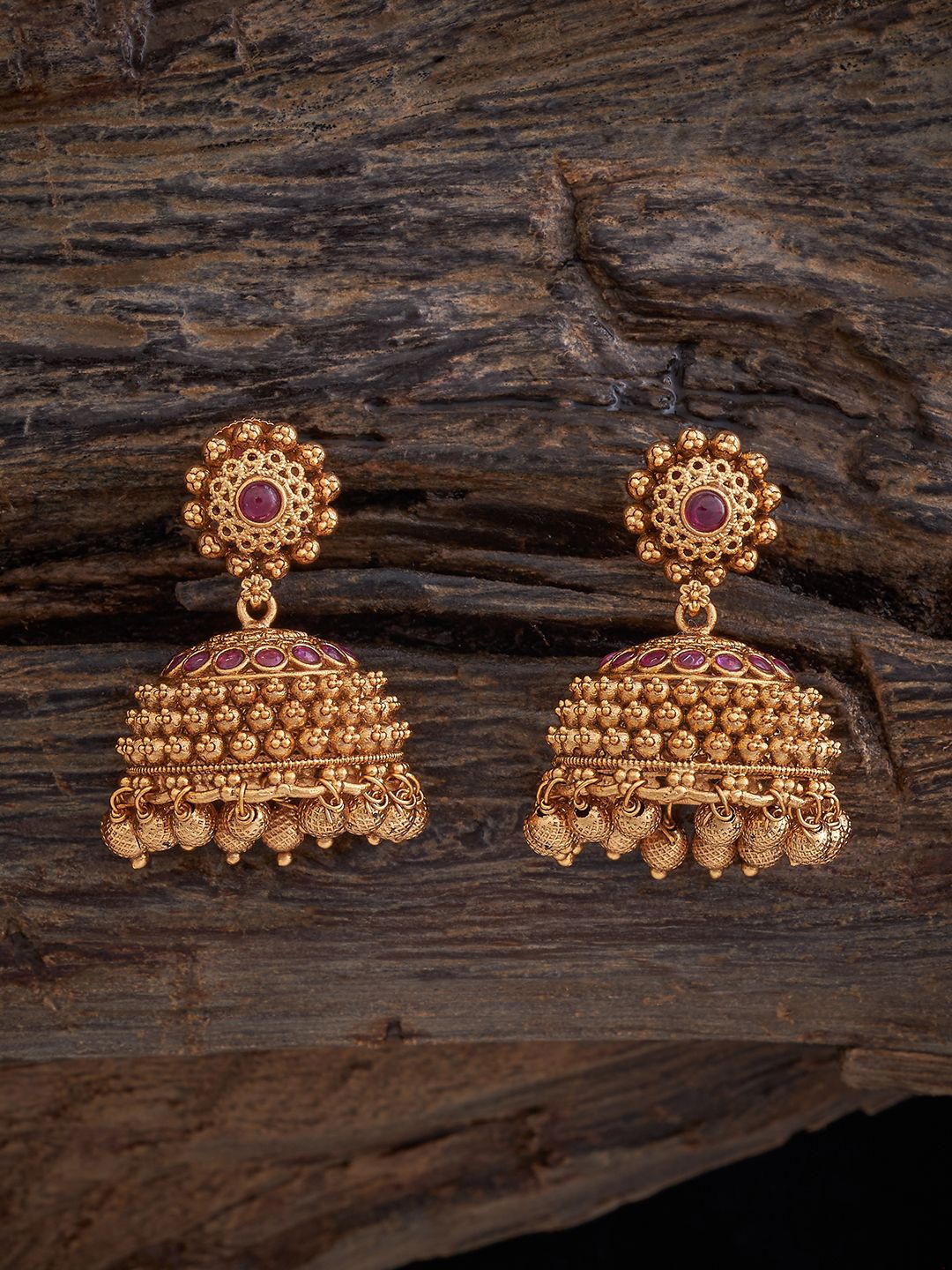 

Kushal's Fashion Jewellery Gold-Plated Stones Studded Dome Shaped Antique Jhumkas