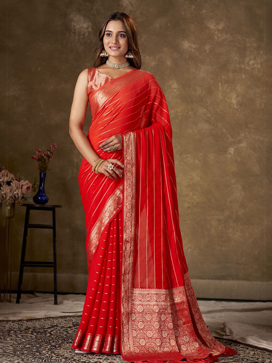 

KAYOMMI Ethnic Motifs Zari Pure Georgette Banarasi Saree, Red