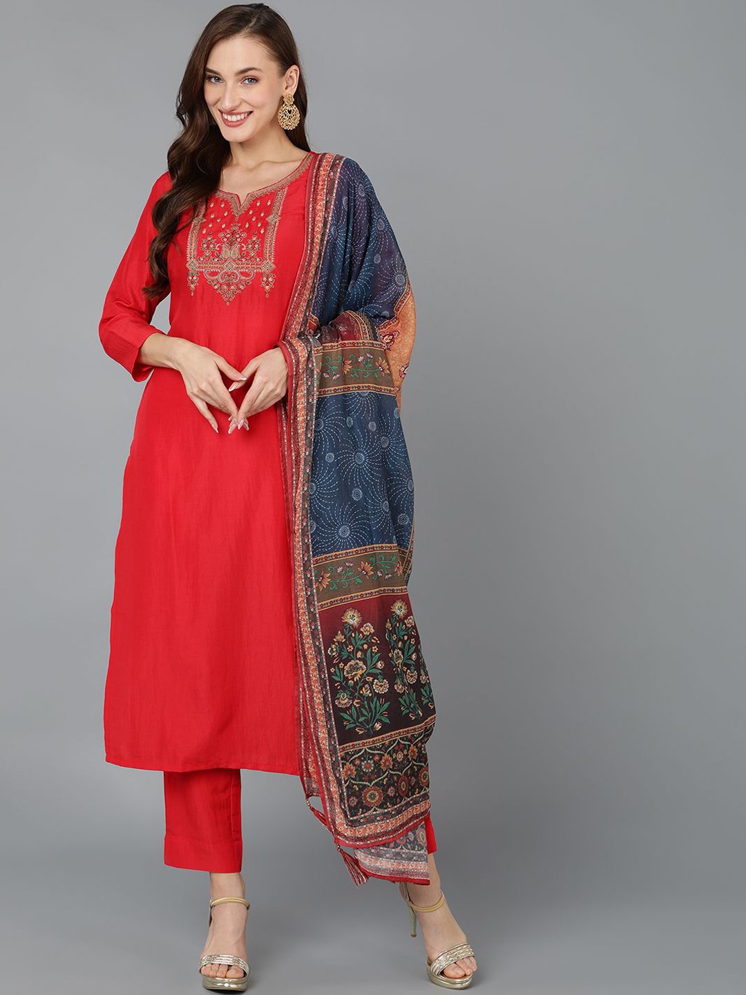 

KALINI Women Embroidered Regular Kurta with Trousers & With Dupatta, Red