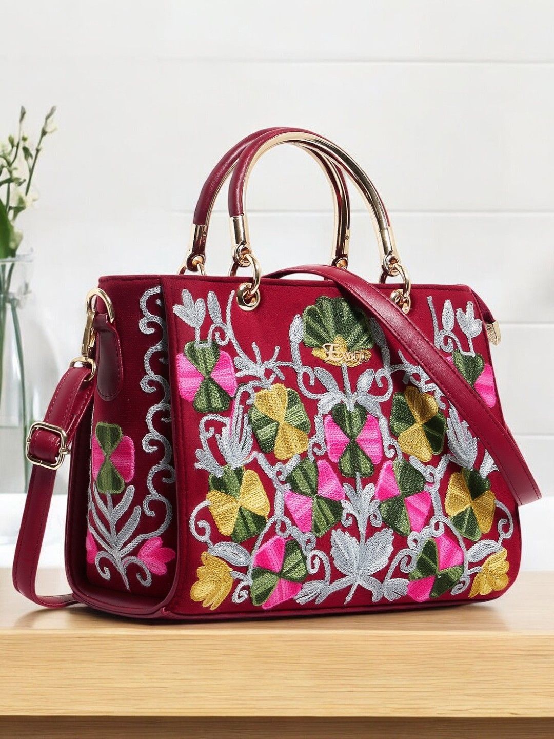 

Exotic Women Floral Embellished Structured Handheld Bag, Maroon