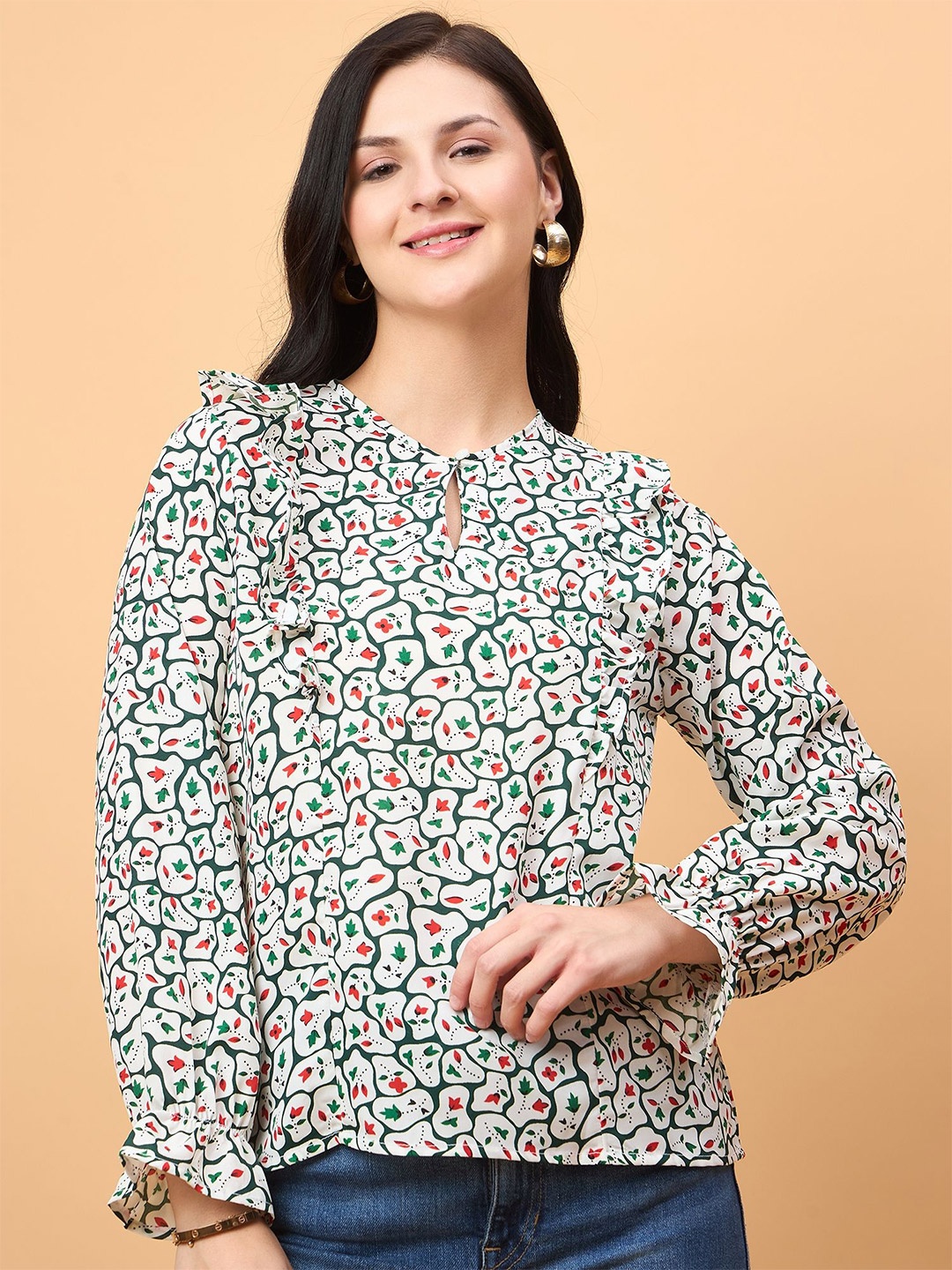 

NEESH Women Floral Printed Keyhole Neck Top, White