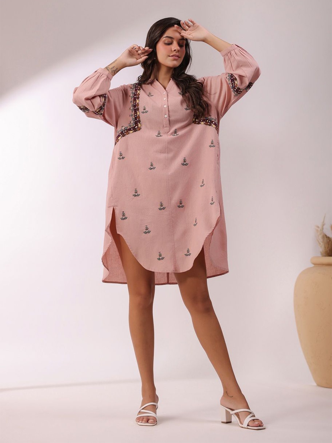 

Nyaro Embroidered Shirt Dress, Peach