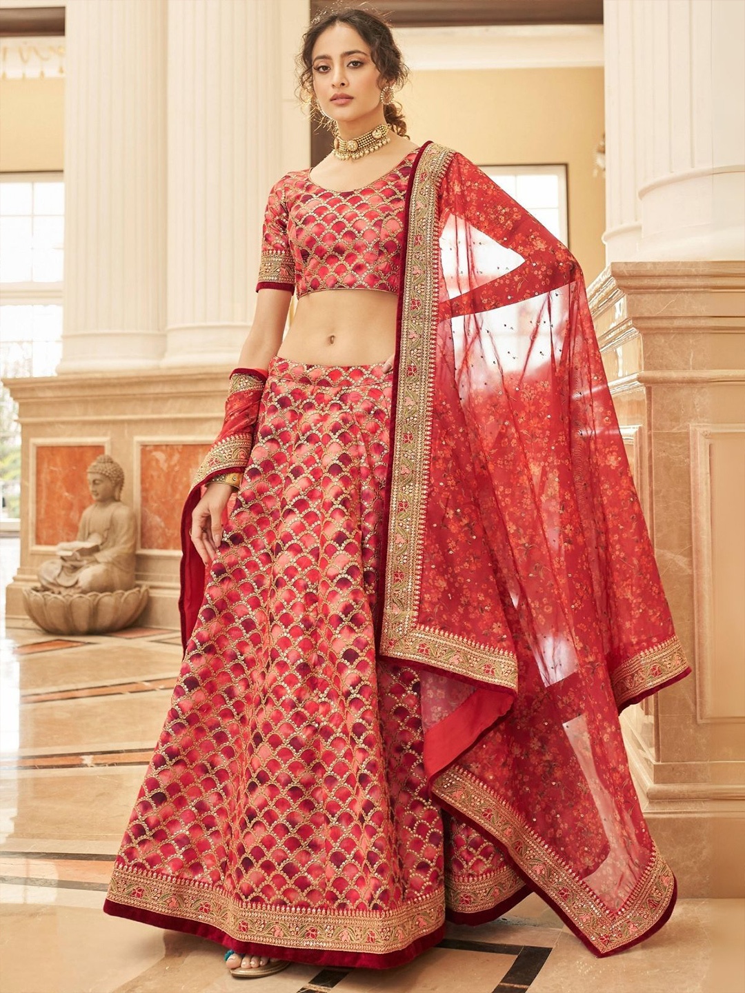 

ODETTE Embroidered Beads and Stones Semi-Stitched Lehenga & Blouse With Dupatta, Red