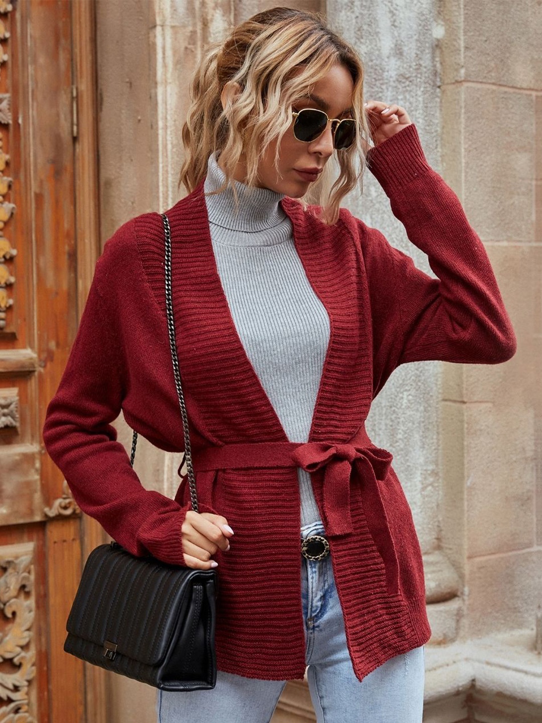 

KPOP Women Solid V-Neck Cardigan, Red