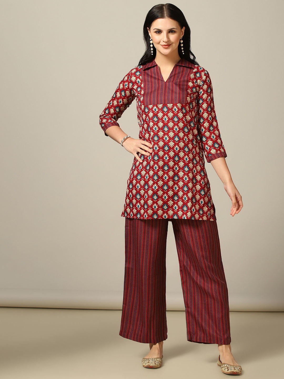 

TAGDO Printed Tunic With Palazzos Co-Ords, Maroon