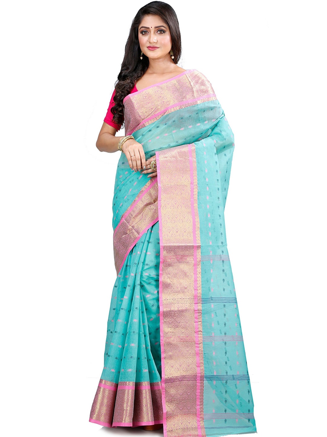 

DipDiya Woven Design Zari Pure Cotton Taant Saree, Sea green