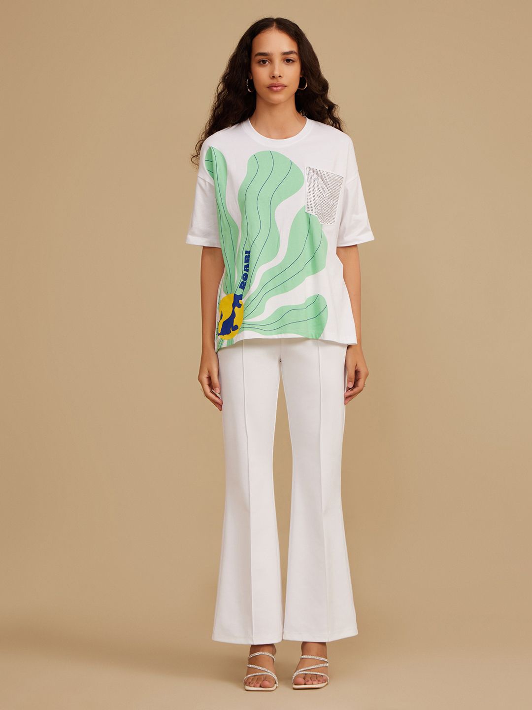 

Kazo Women Floral Printed Round Neck Cotton T-shirt, White