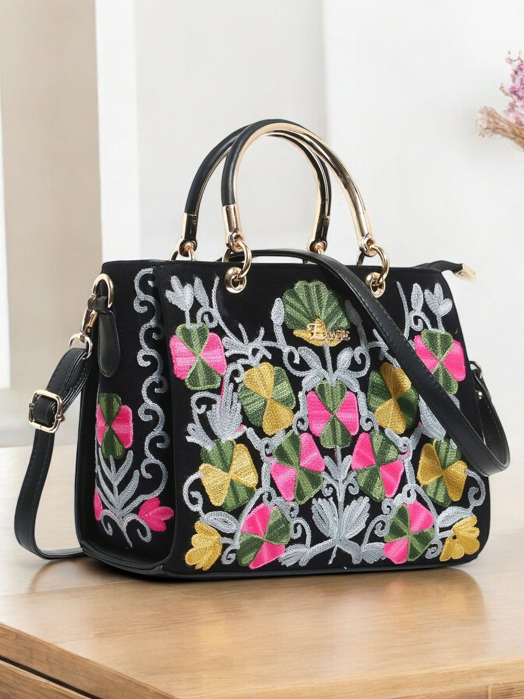 

Exotic Women Floral Embroidered Structured Handheld Bag, Black