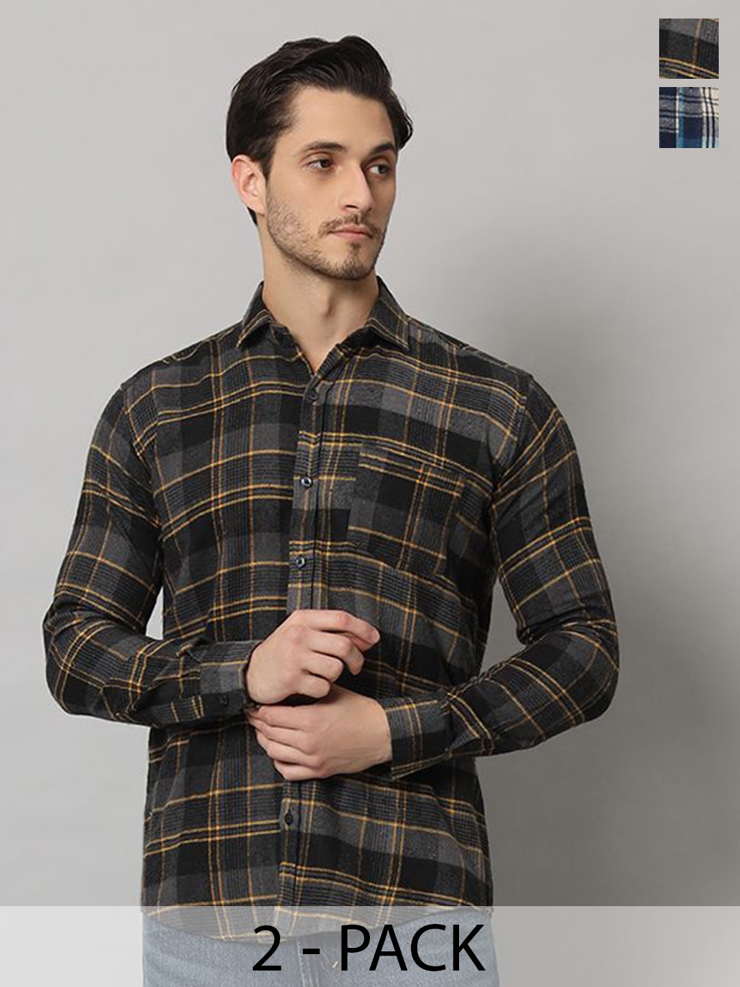 

Bigreams Pack Of 2 Men Comfort Slim Fit Checked Casual Cotton Shirts, Blue
