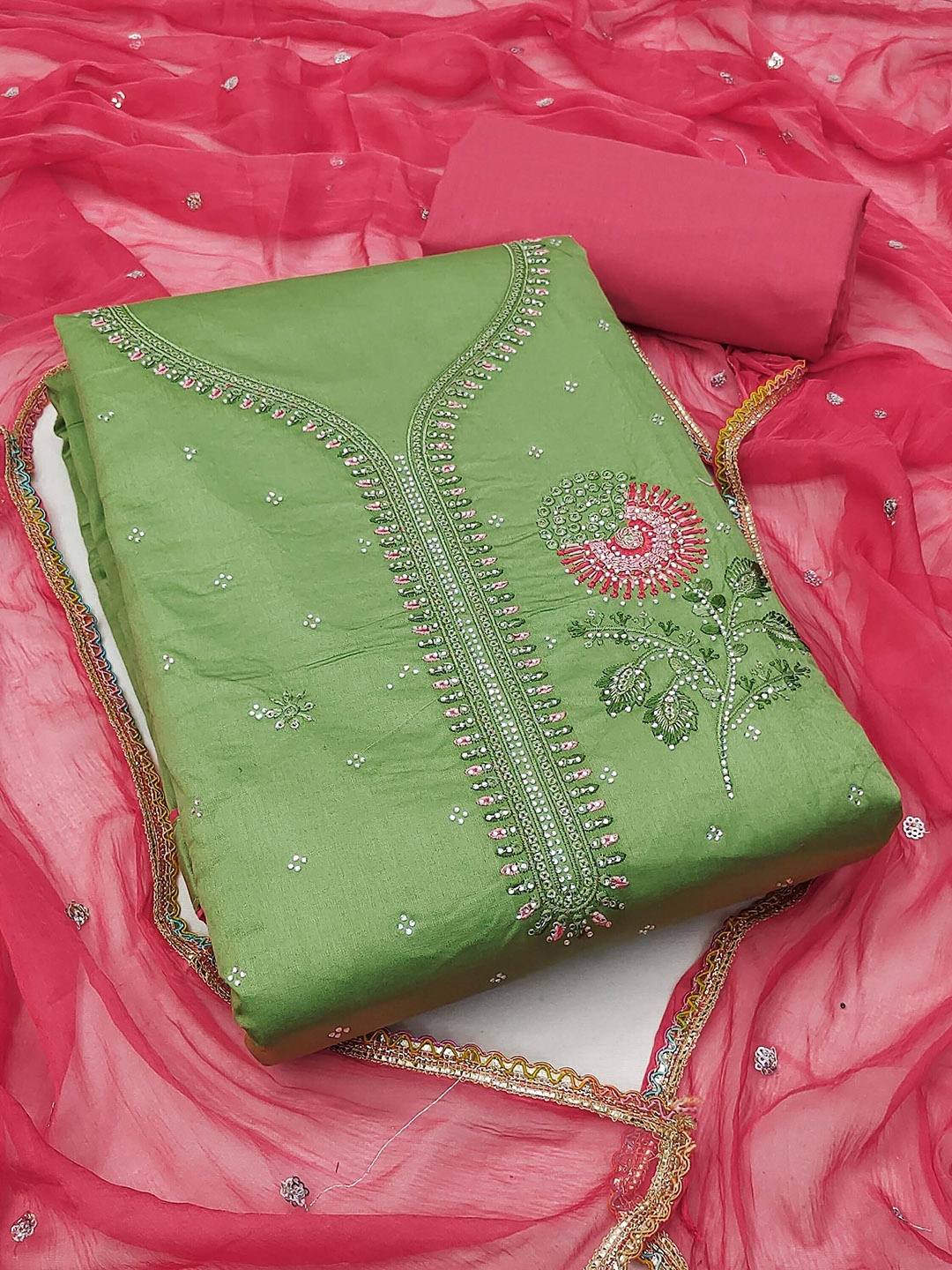 

KALINI Floral Embroidered Sequinned Unstitched Dress Material, Green