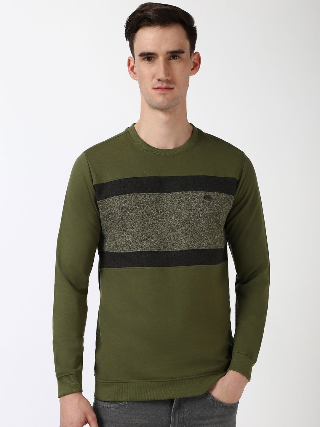 

Peter England Casuals Men Colourblocked Round Neck Cotton Pullover Sweatshirt, Olive