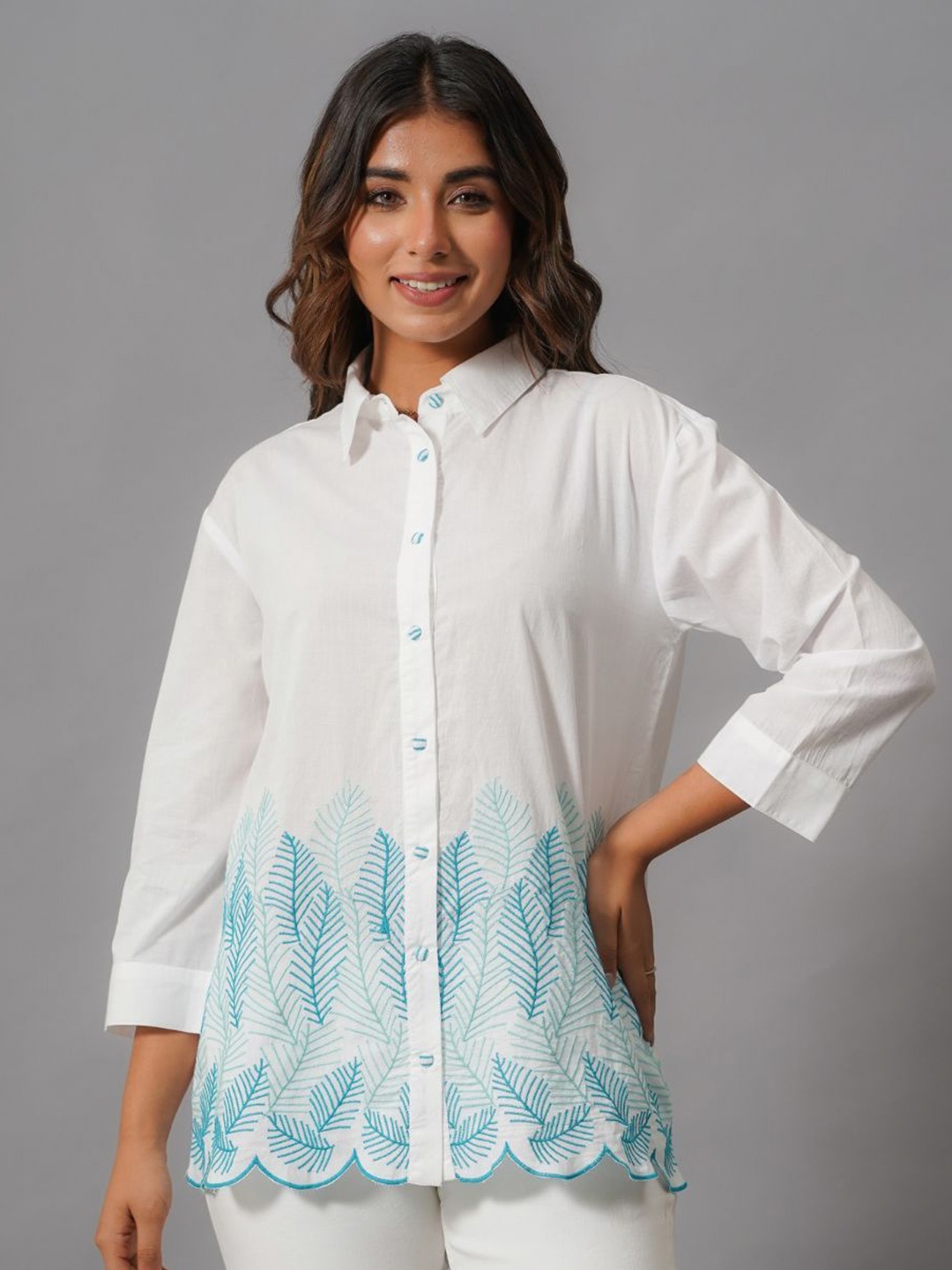 

Zolo Label Women Tropical Printed Shirt Collar Cotton Top, White