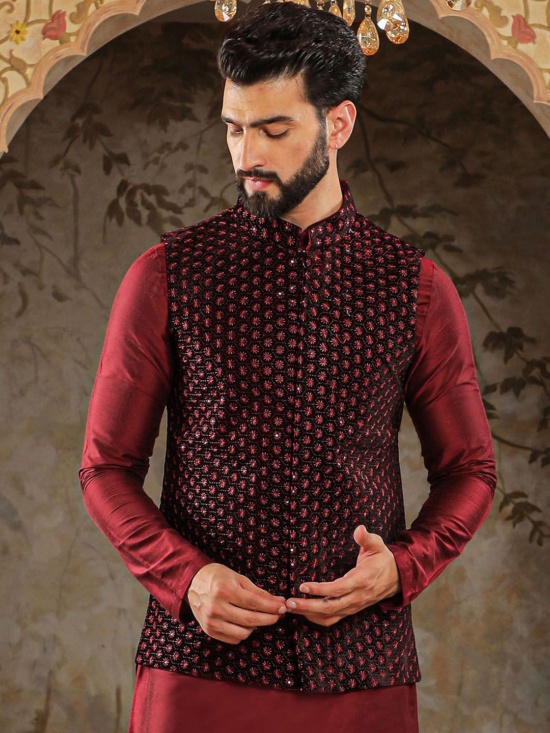 

HOUSE OF DEYANN Embroidered Nehru Jackets, Maroon