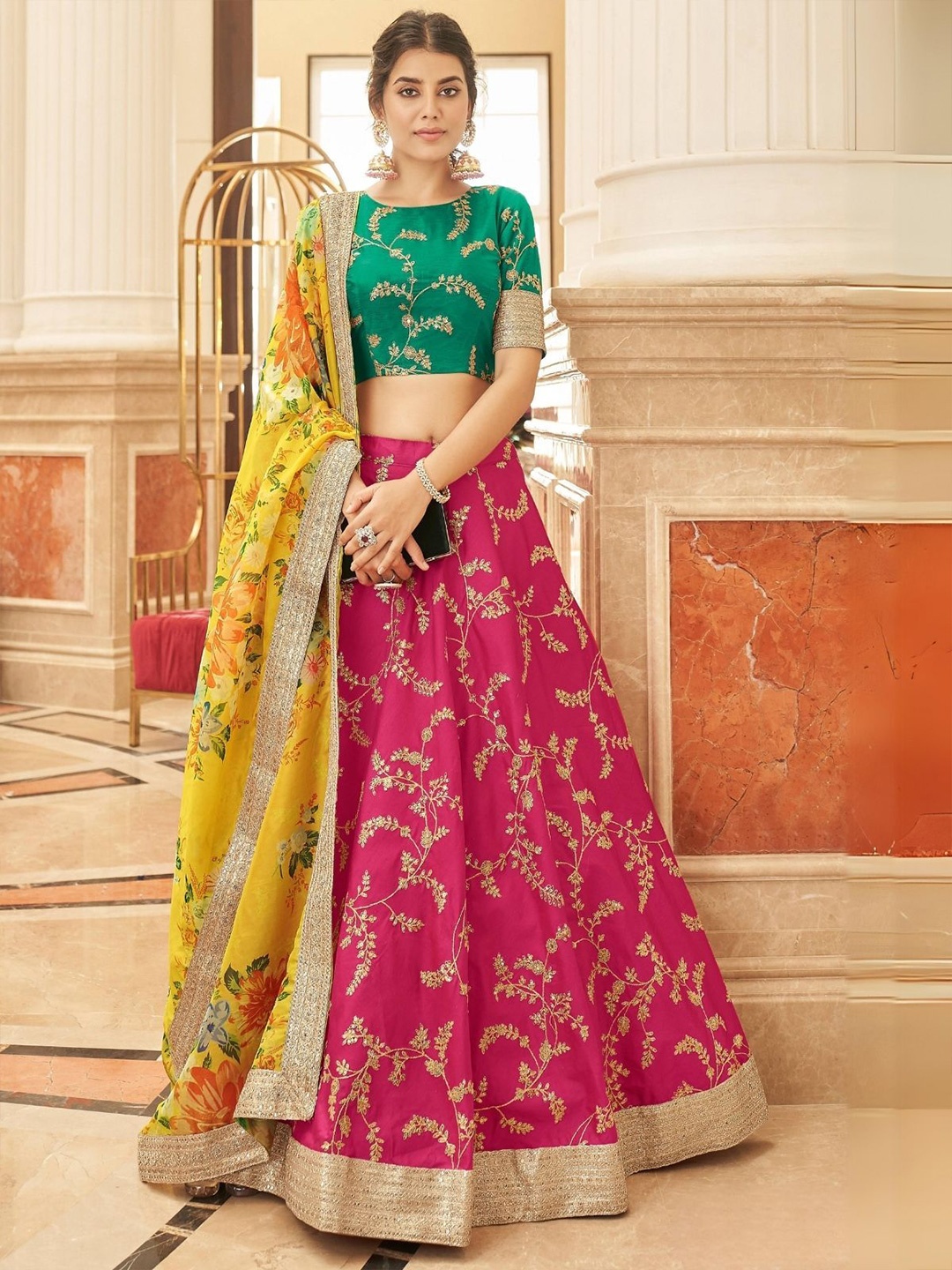 

ODETTE Embroidered Thread Work Semi-Stitched Lehenga & Blouse With Dupatta, Green