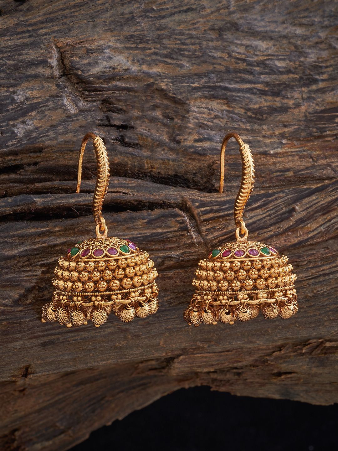 

Kushal's Fashion Jewellery Gold-Plated Stones Studded Dome Shaped Antique Jhumkas