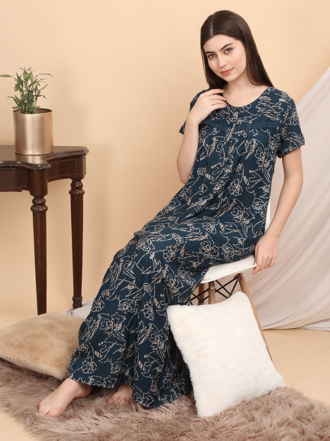 

Sweet Dreams Women Pure Cotton Printed Maxi Nightdress, Blue