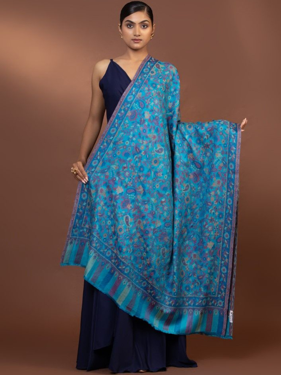 

MODARTA Floral Woven Design Woollen Shawl, Blue