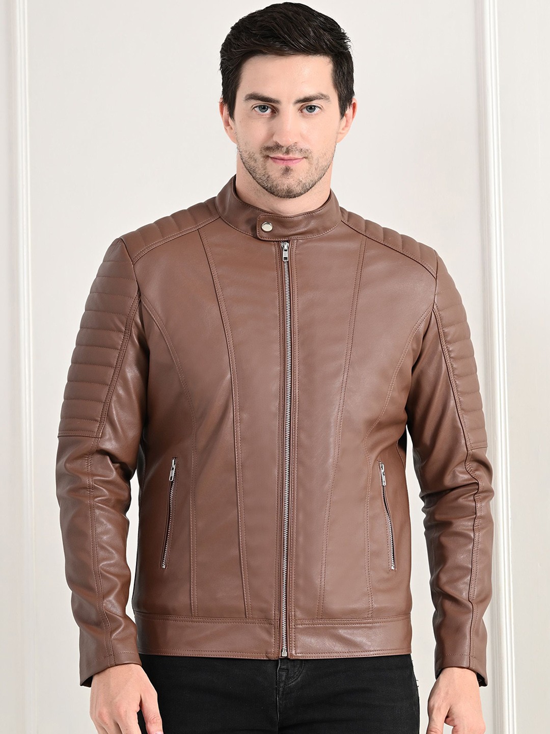 

TBOJ Mandarin Collar Water Resistant Lightweight Leather Jacket, Tan